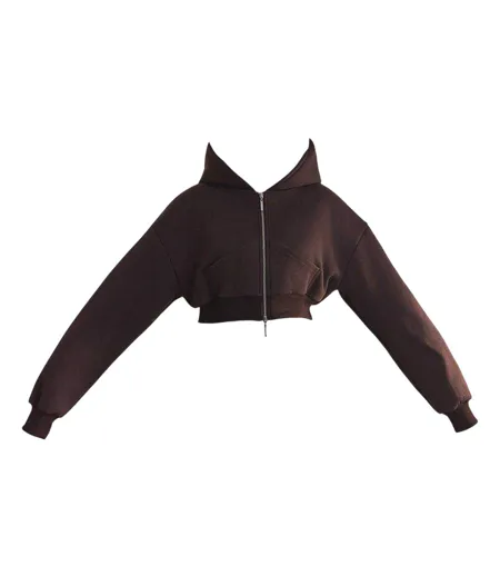 Womens/ladies Classics Cropped Full Zip Hoodie Chocolate Brown Mars The Label