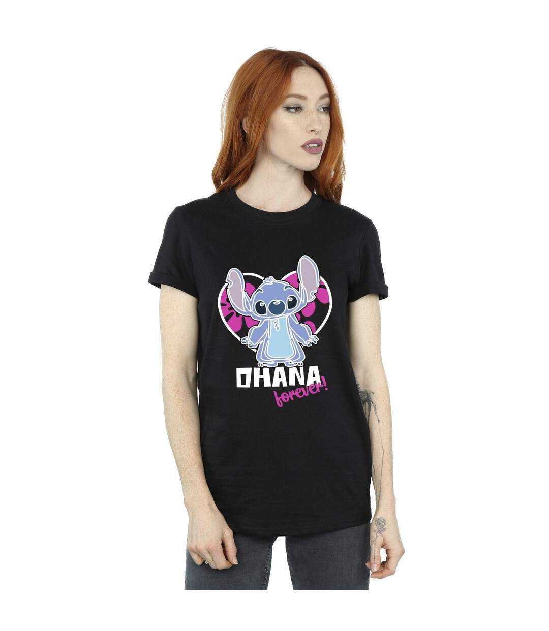 Disney Womens/Ladies Lilo And Stitch Ohana Forever Heart Cotton Boyfriend T-Shirt (Noir) - UTBI30197-2