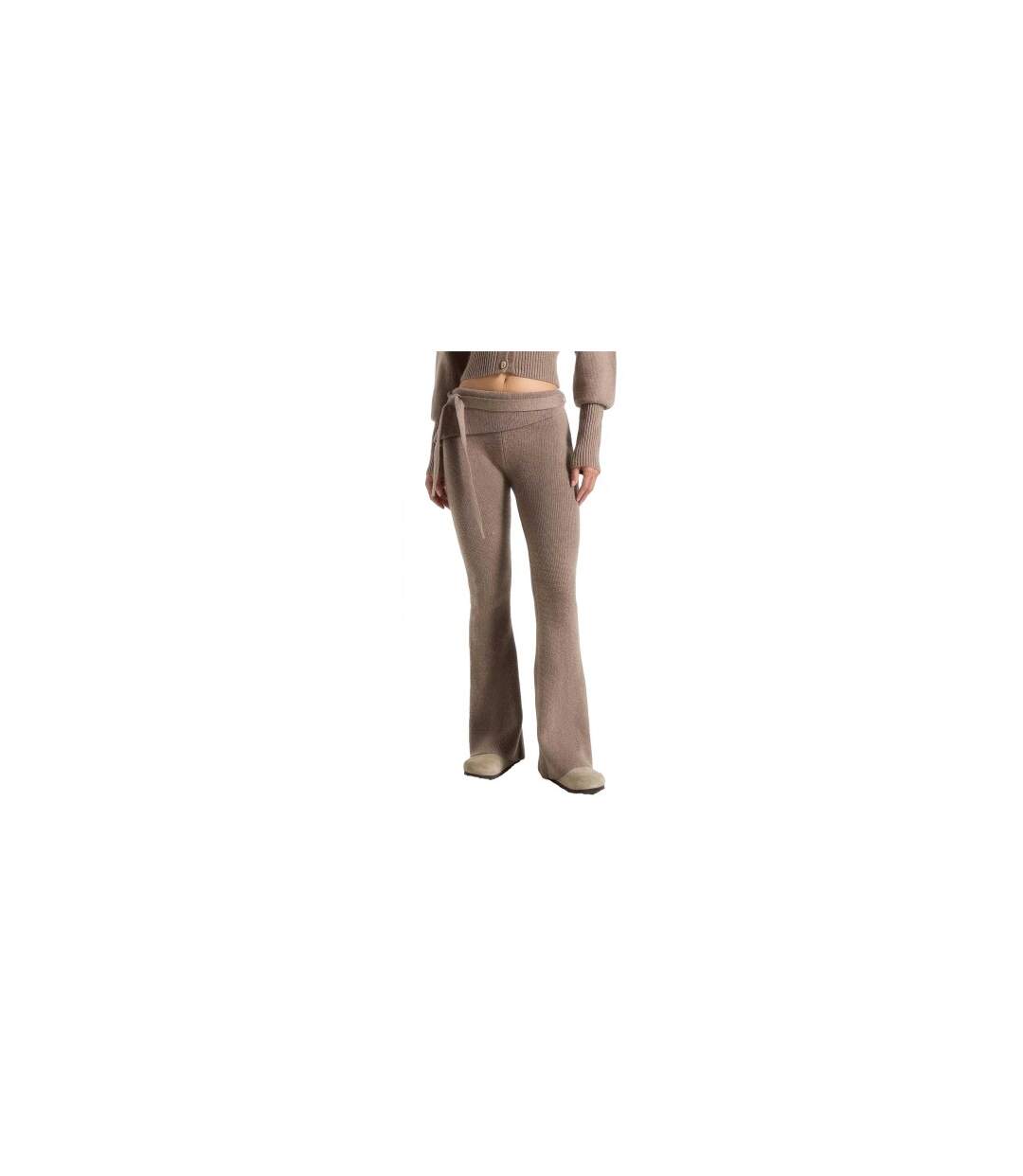 Womens/ladies Knitted Tie Belt Fitted And Flared Leggings Beige Maniere De Voir-1