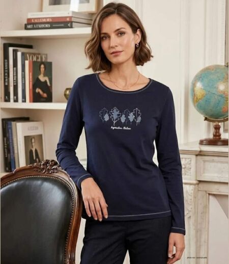 MAYFLOWER NOBODY1 – Tee-shirt manches longues marine à détails brillants pour un look chic et décontracté