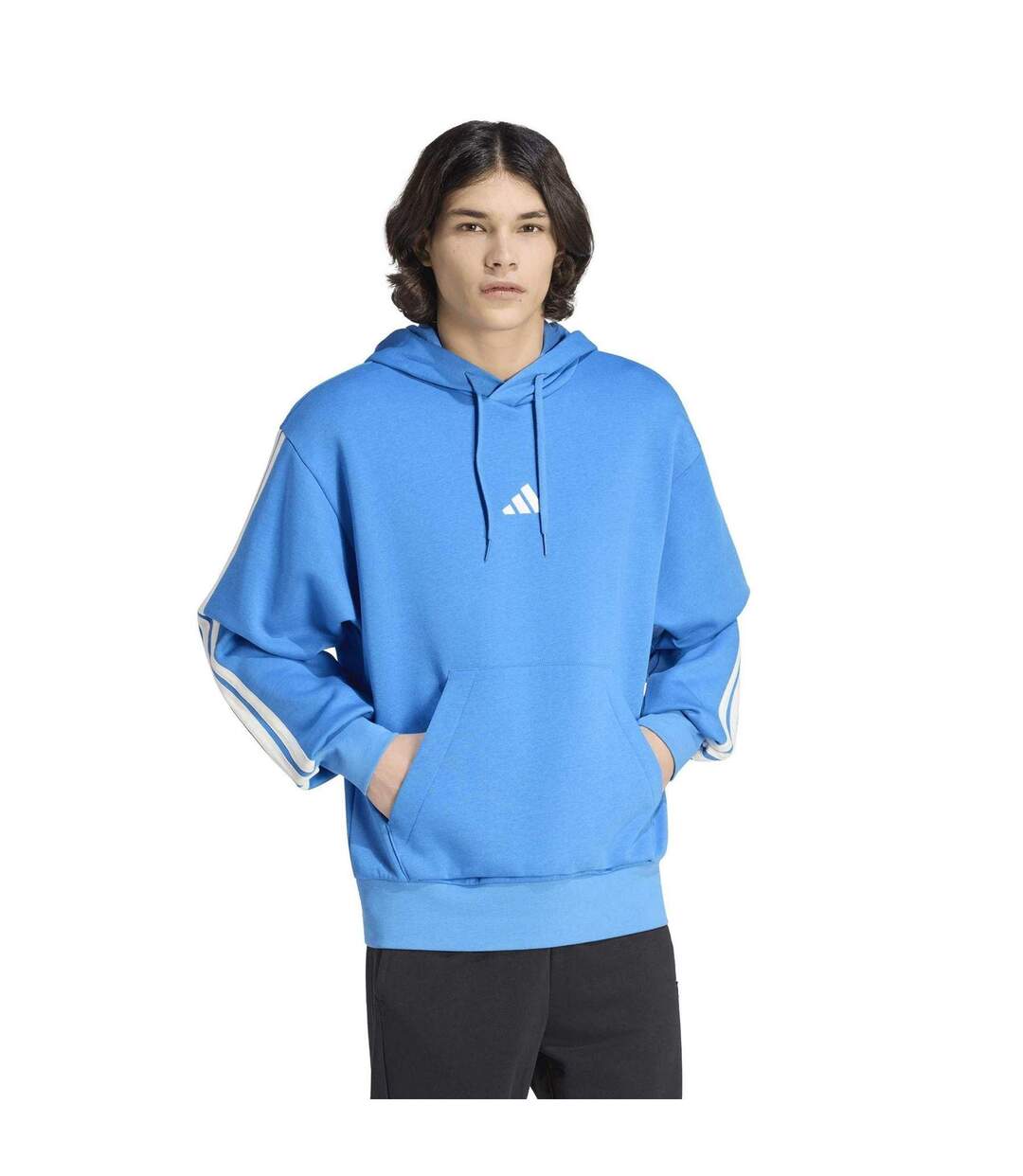 Mens 3 Stripes Fleece Hoodie Blue White Adidas-1