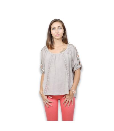 Blouse femme manche 3/4 de couleur beige col rond