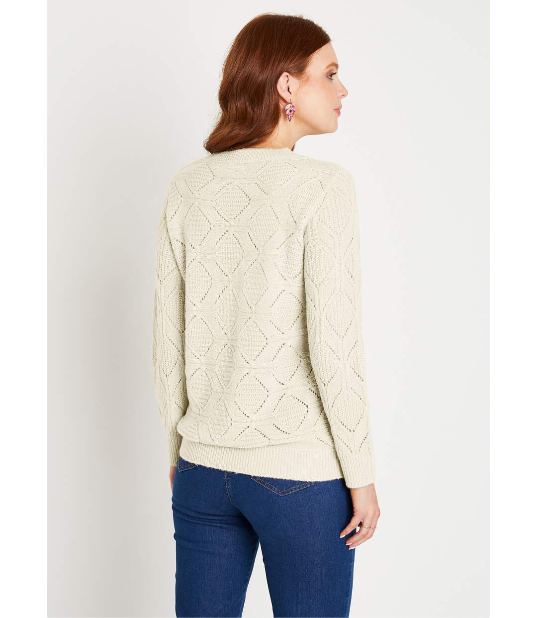 Pull tunique mi long uni col rond maille ajourée-2