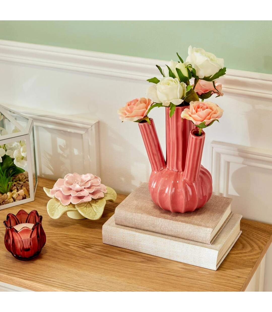 Vase Multiple en Dolomite Fleur 20cm Rose Foncé-2