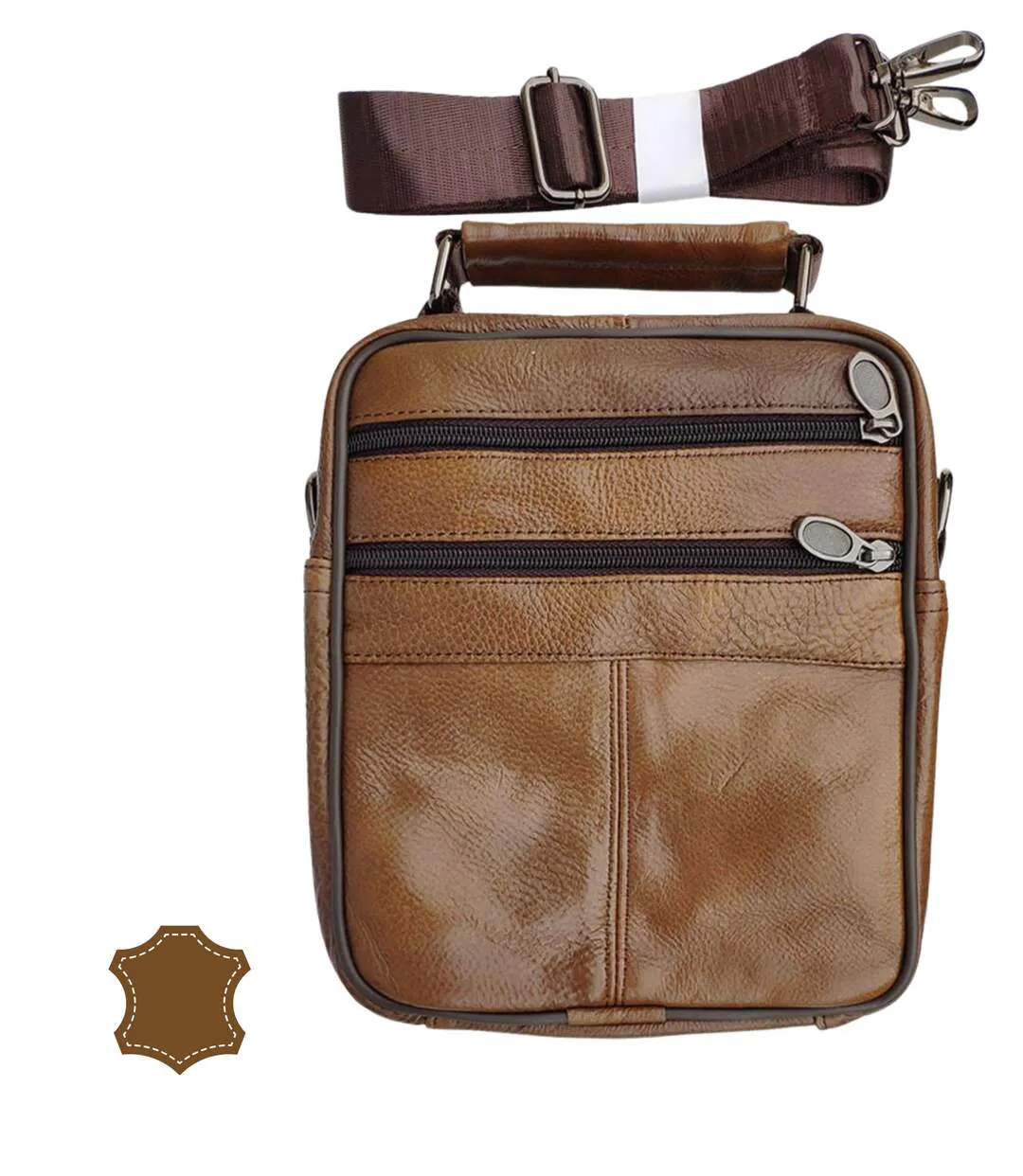 Sacoche bandoulière homme en CUIR - Sacoche multi poches - cuir vachette - Camel-2