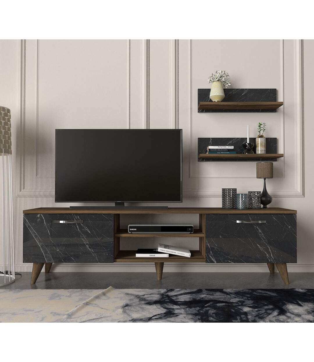 Meuble TV design marbré Ayden - L. 150 x H. 40 cm - Marron noix-2