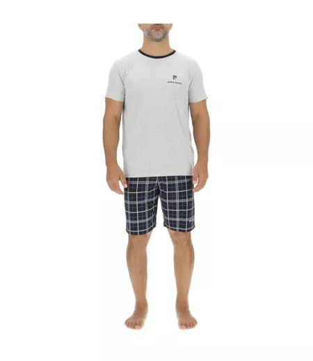 Ensemble Pyjama court homme en coton à carreaux et Logo poitrine Pierre Cardin