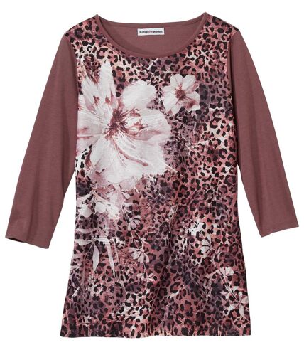 Women's Pink Floral Leopard Print Top - Three Quarter Length Sleeves 
