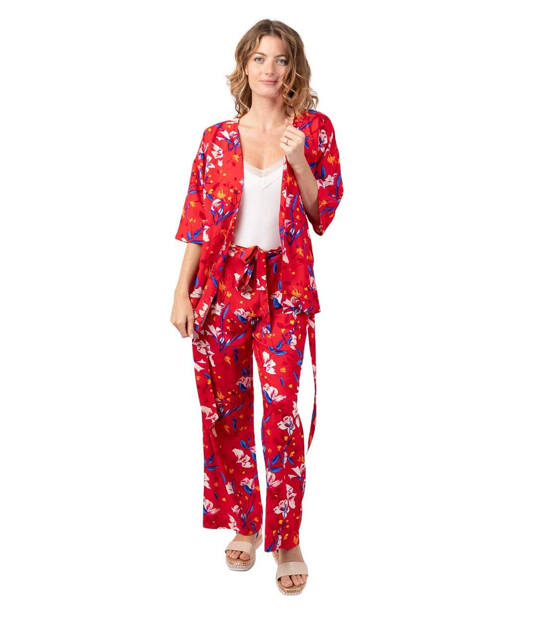 Veste courte esprit kimono AYAKO motif fleuri rouge Coton Du Monde-1