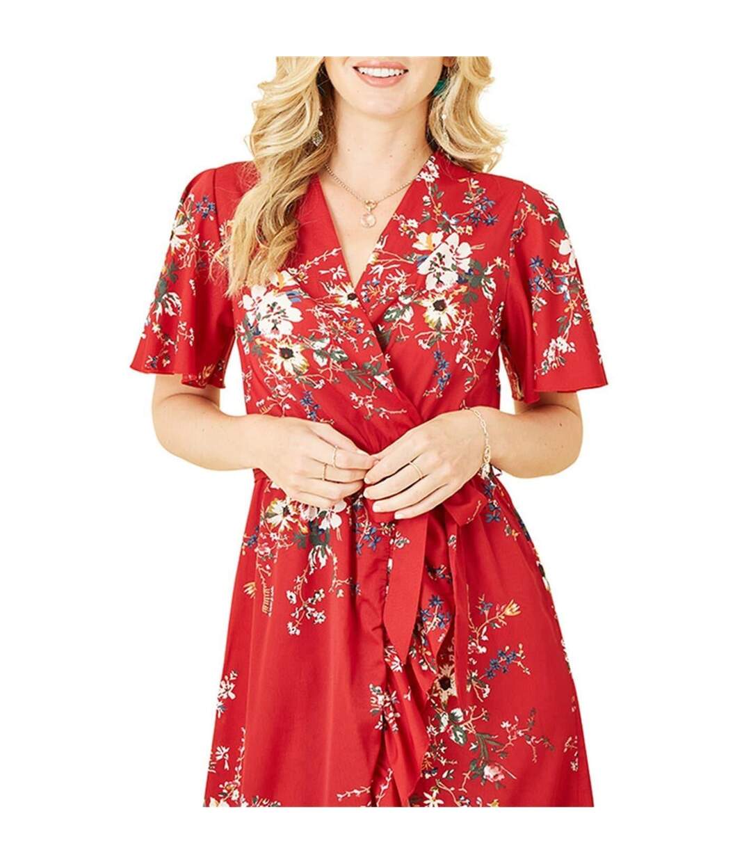 Robe Portefeuille Manches Volantées Motif/style Floral Femme Rouge Mela London-4