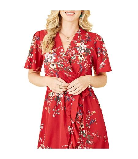 Robe Portefeuille Manches Volantées Motif/style Floral Femme Rouge Mela London