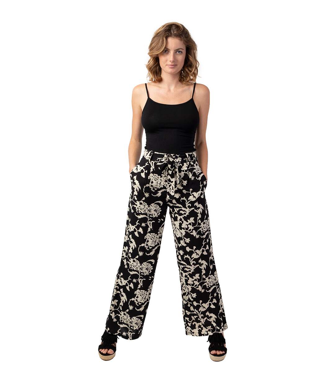 Pantalon fluide femme été MELODY noir motif ethnique Coton Du Monde-1