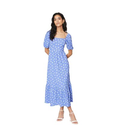 Womens/ladies spotted square neck petite midi dress blue Dorothy Perkins