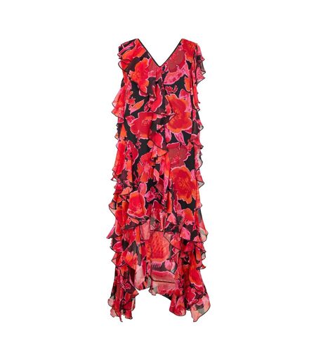Womens/ladies Flowers Ruffles Maxi Dress Red Black Biba