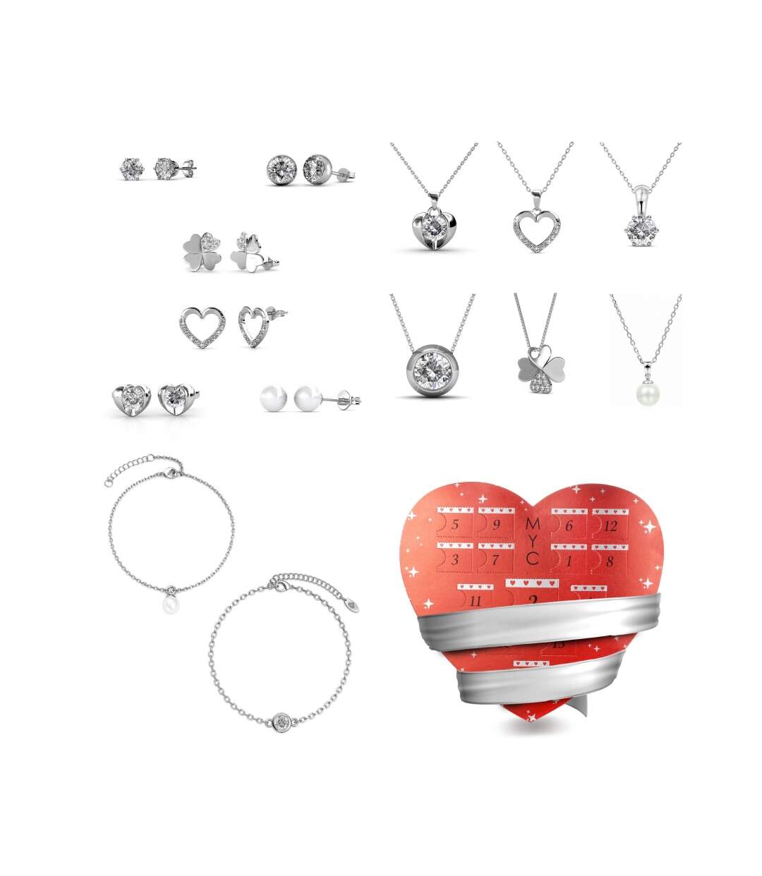 Calendrier de l'avent Coffret coeur - 14 bijoux - Finition rosée, Cristal d'Autriche