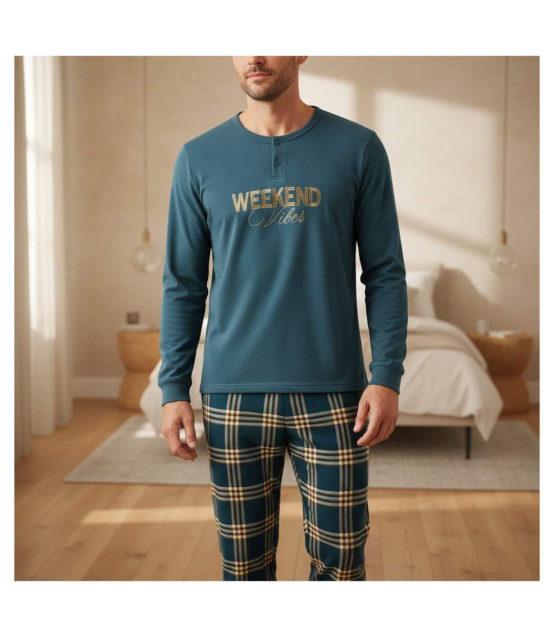 OZABI Ensemble Pyjama Homme Doublé Polaire Broderie Weekend Vibes-2