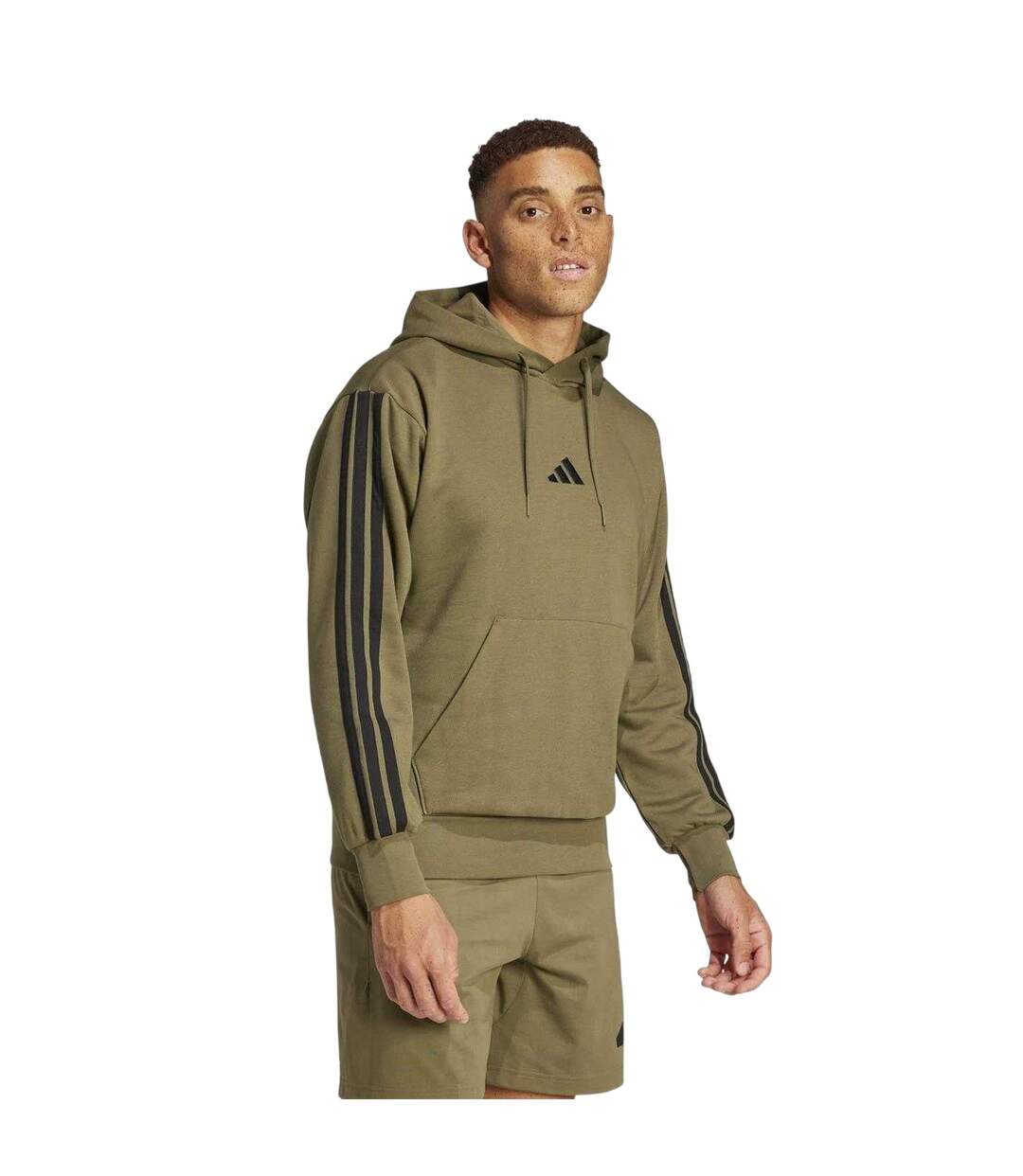 Mens Essentials 3 Stripes Fleece Logo Hoodie Olive Strata Adidas-1