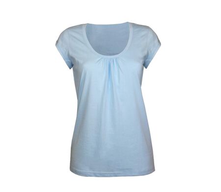 Tee-shirt Mayflower Djibouti3 en coton bio : la douceur du bleu clair et des fronces féminines