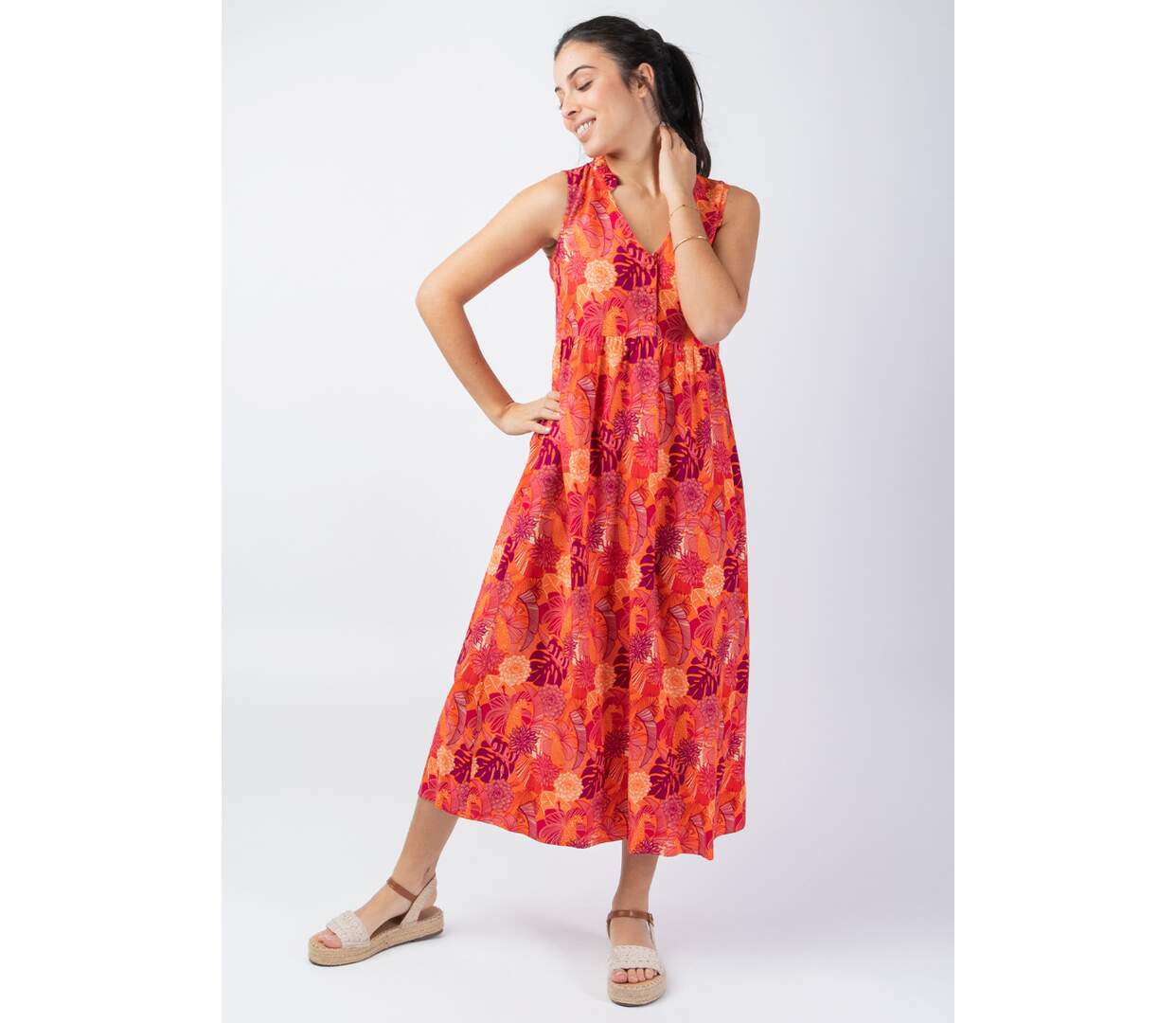 Robe longue été coupe ample Veronica orange fleuri Coton Du Monde-2