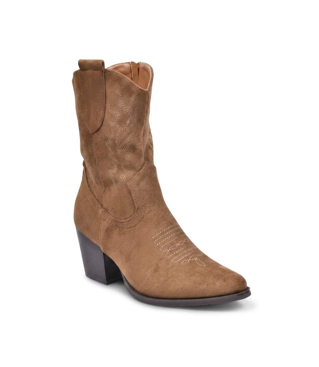 OZABI Bottines Santiag Femme Suédine Talon Bloc 6 cm Bout Pointu Mi-Mollet-1