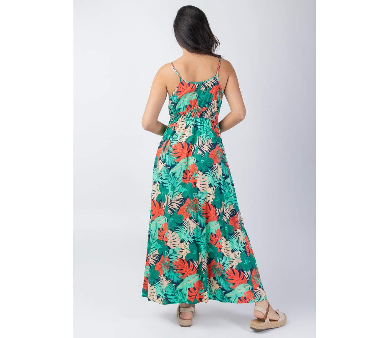 Robe longue fluide AMYNA fines bretelles imprimé tropical vert Coton Du Monde-4