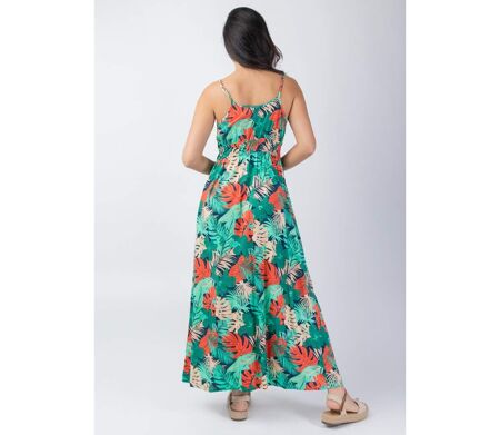 Robe longue fluide AMYNA fines bretelles imprimé tropical vert Coton Du Monde