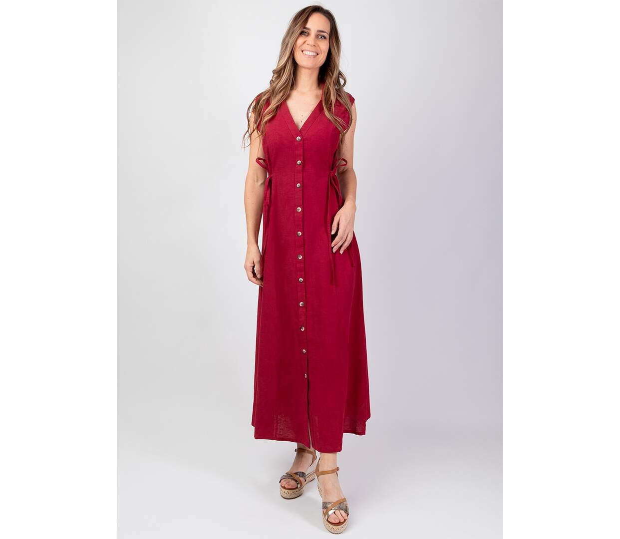 Robe longue sans manches PAULINE unie framboise Coton Du Monde-2