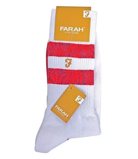 Farah - 2 Pairs Mens Cotton Ribbed White Sports Socks with Red Blue Yellow Stripes