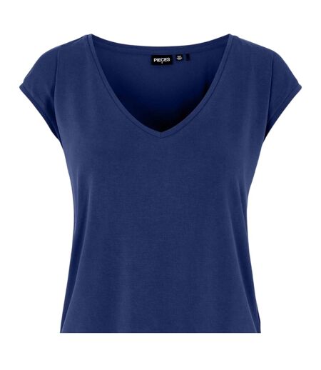 Womens/ladies Pckamala Knitted V Neck T-shirt Blue Pieces