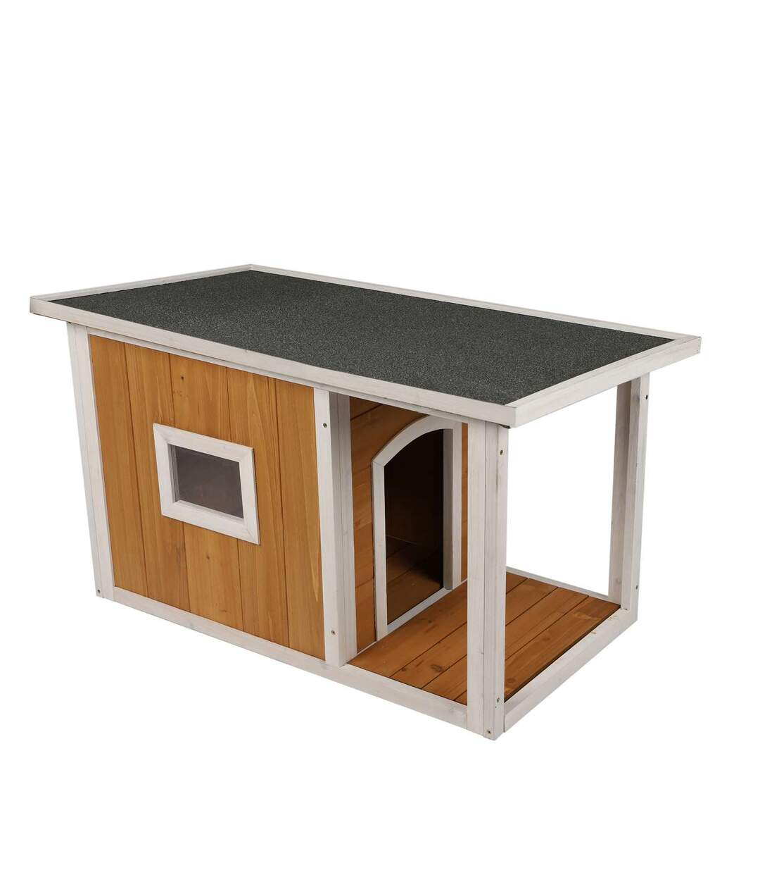 Niche pour chien Lucky avec patio et fenêtre en bois naturel