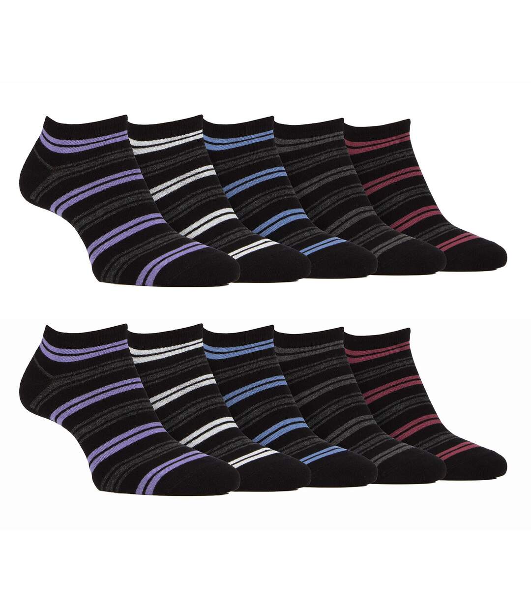 10 Pairs Mens Bamboo Trainer Socks | Farah | Striped Cushioned Ankle Socks (6-11, Black Stripe)