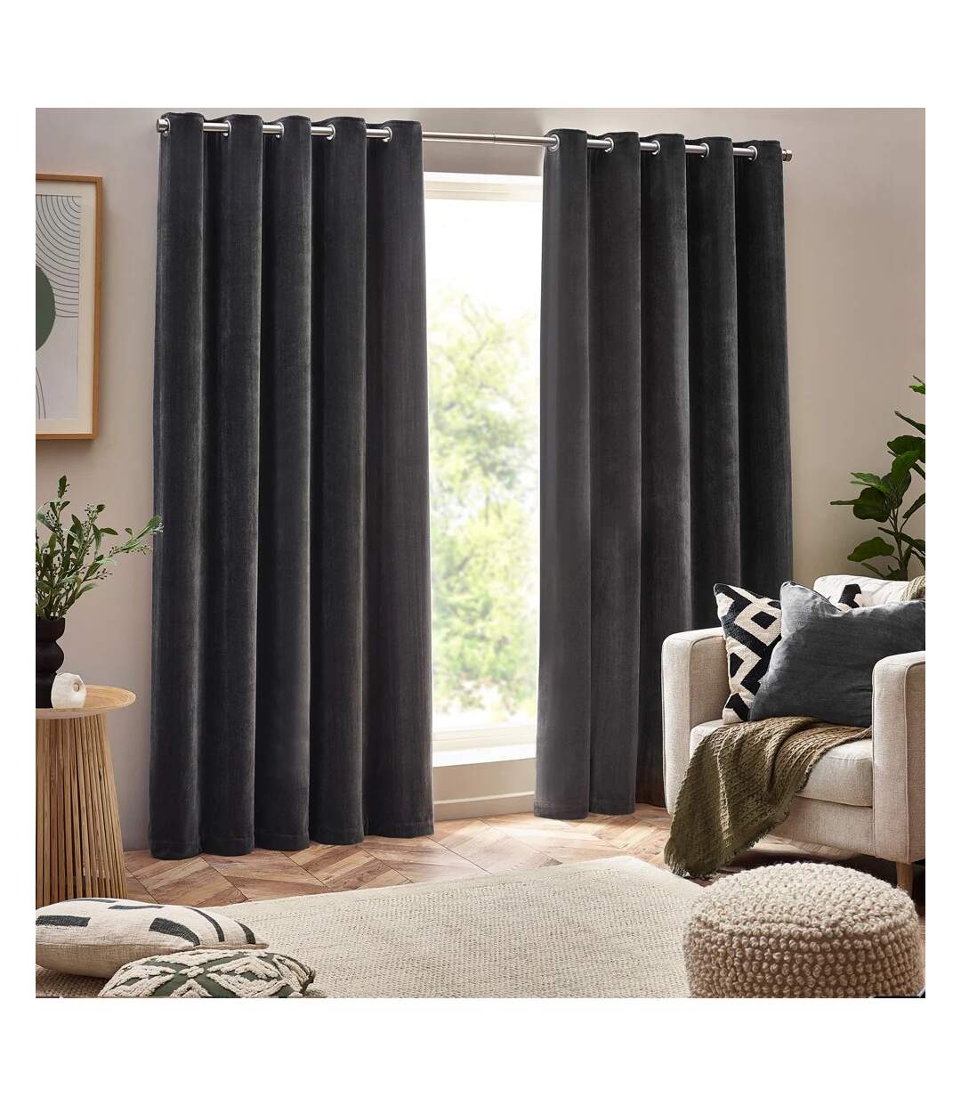 Chenille velvet eyelet curtains 168cm x 137cm charcoal Yard-1