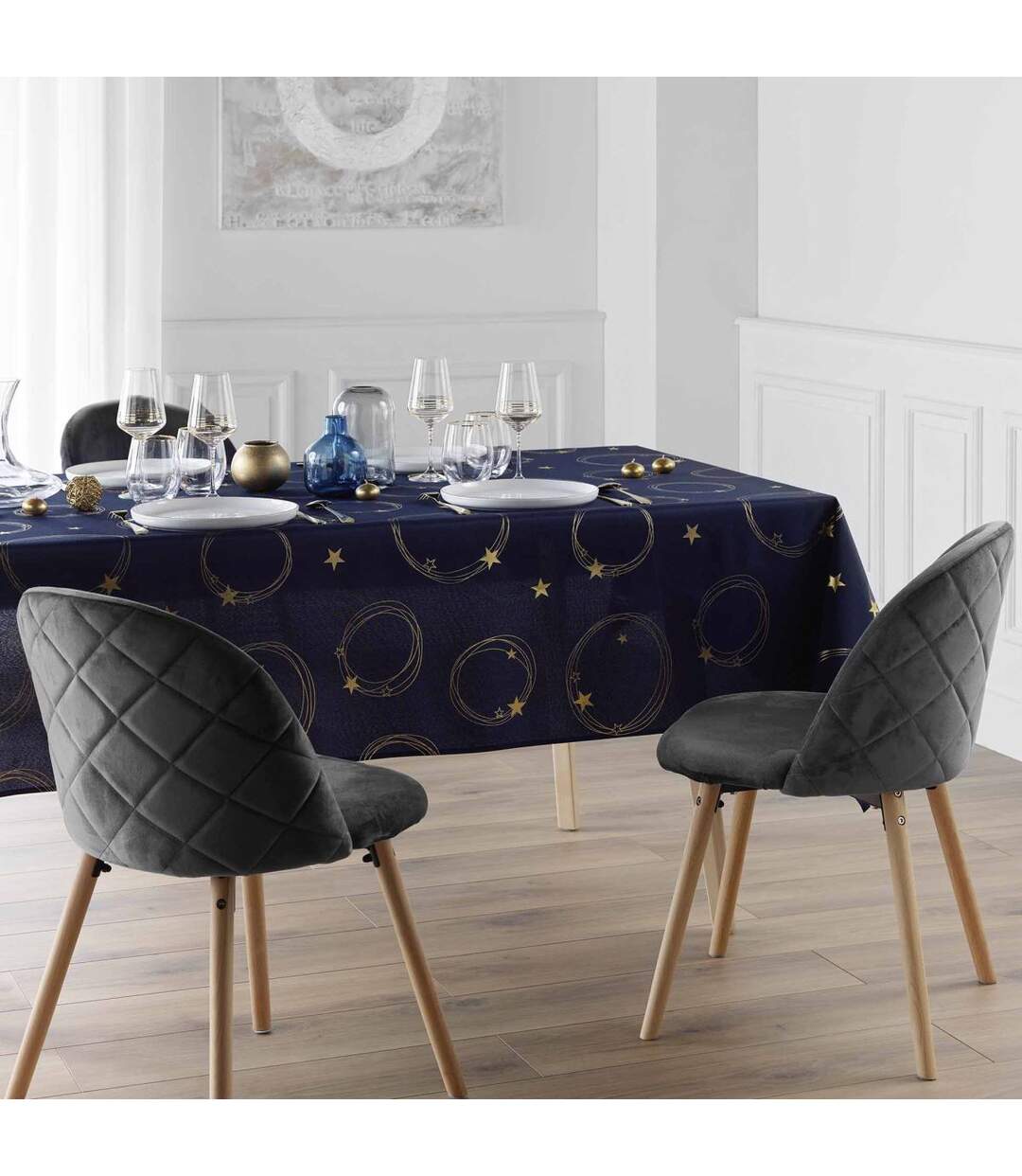Nappe Antitache Imprimé Star 150x300cm Bleu Marine & Or-4