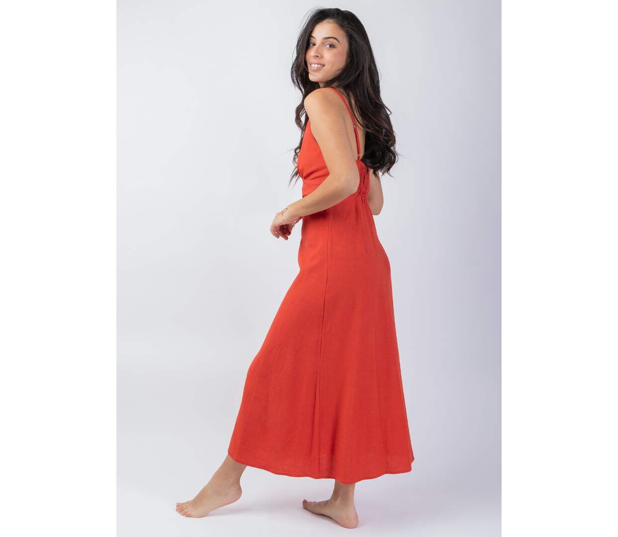 Robe longue fines bretelles VALENTINE unie terracotta Coton Du Monde-3