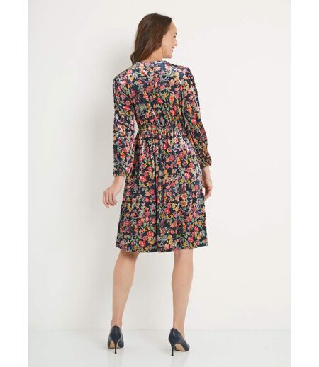 Robe courte velours ras fleuri col V évasée