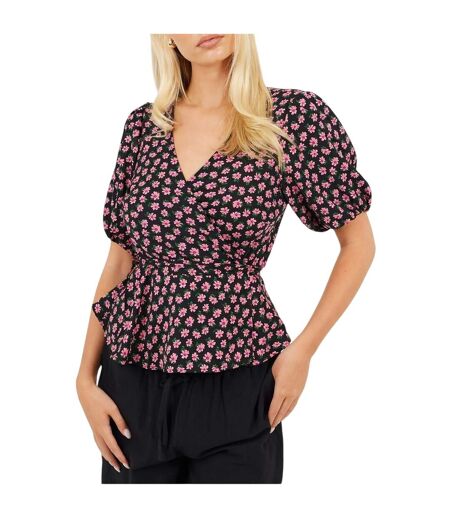 Womens/ladies V Neck Puff Sleeve Wrap Top Black Pink Brave Soul