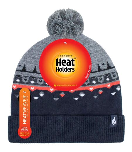 Mens Thin Patterned Knit Fleece Lined Pom Pom Hat for Winter