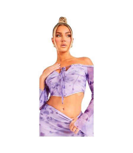 Womens/ladies Mesh Off Shoulder Crop Top Purple Missy Empire