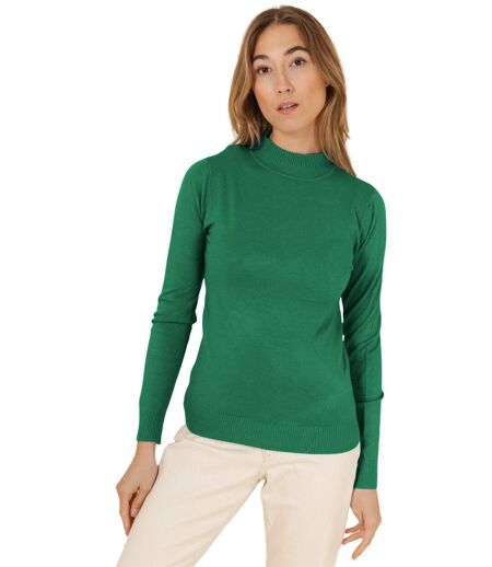 Pull femme de couleur vert col montant manches longues.