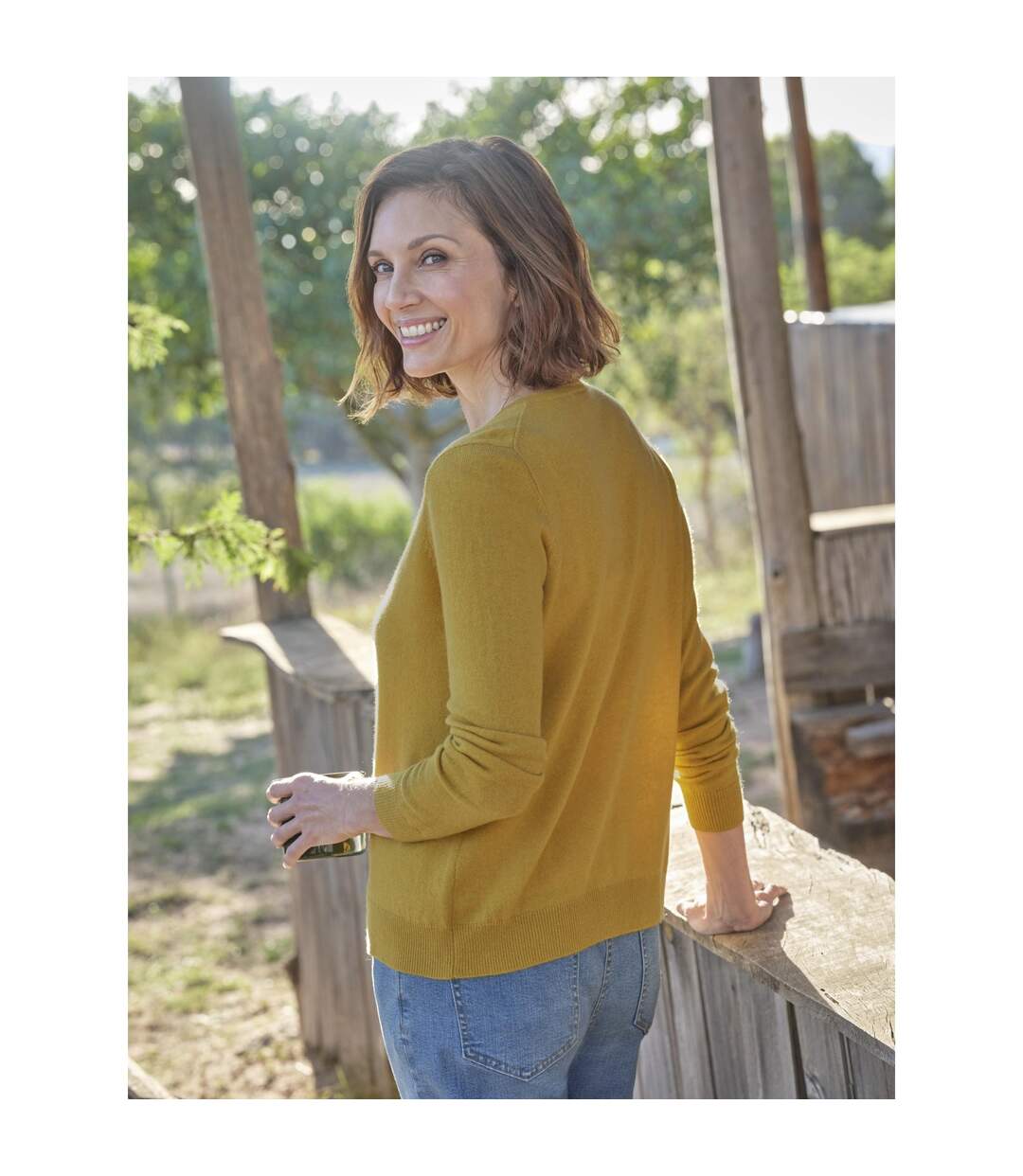 Womens/ladies Plain Cashmere Crew Neck Classic Cardigan Honey WoolOvers-1
