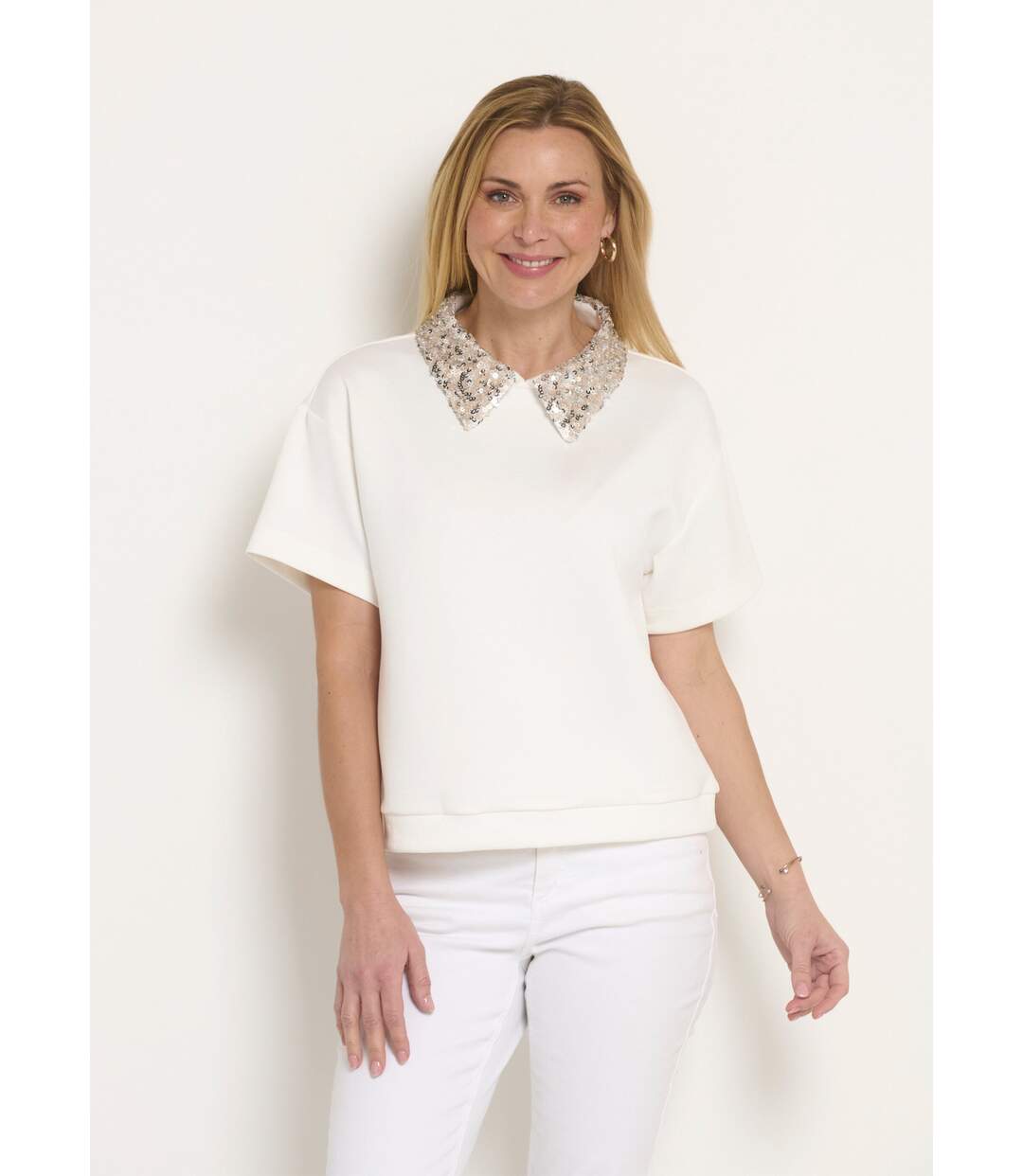 Blouse col pailleté sequins manches courtes-1