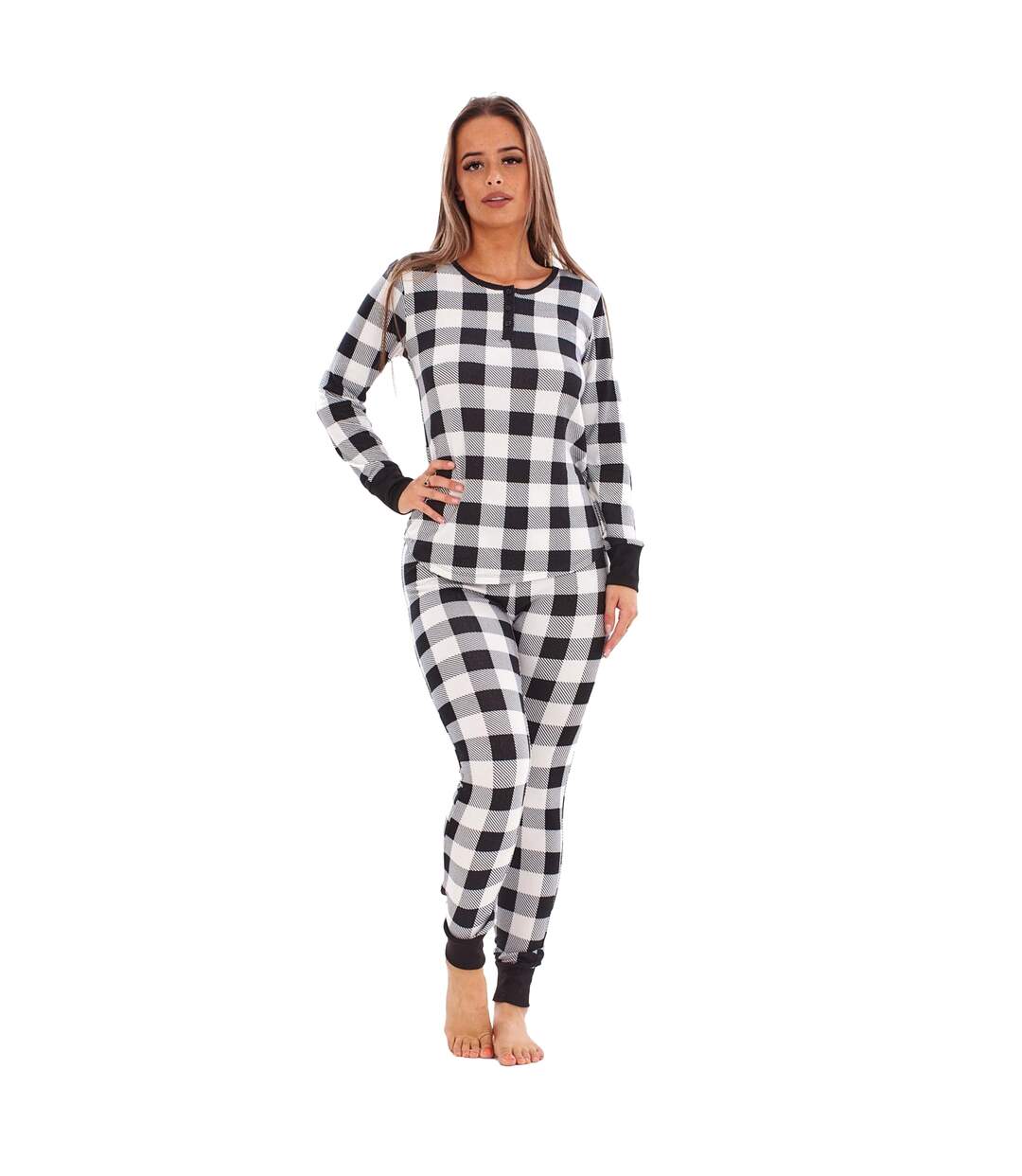 Pyjama Long Thermique À Carreaux Buffalo Womens/ladies Noir Blanc Keanu-1