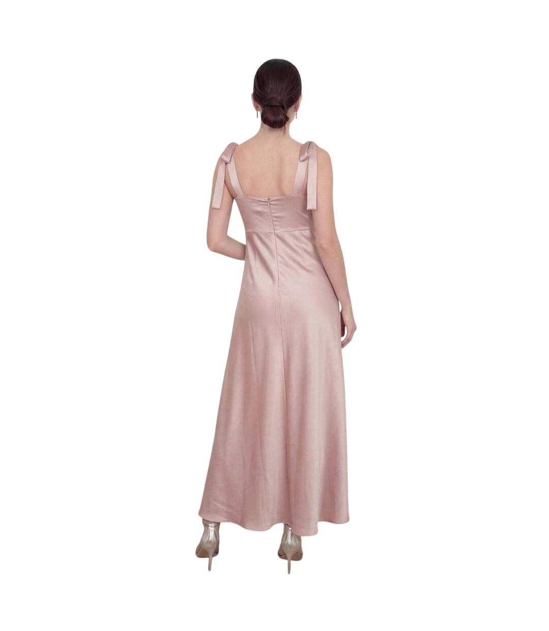 Womens/ladies Satin Tie Shoulder Bridesmaid Maxi Dress Soft Pink Deluxe-2