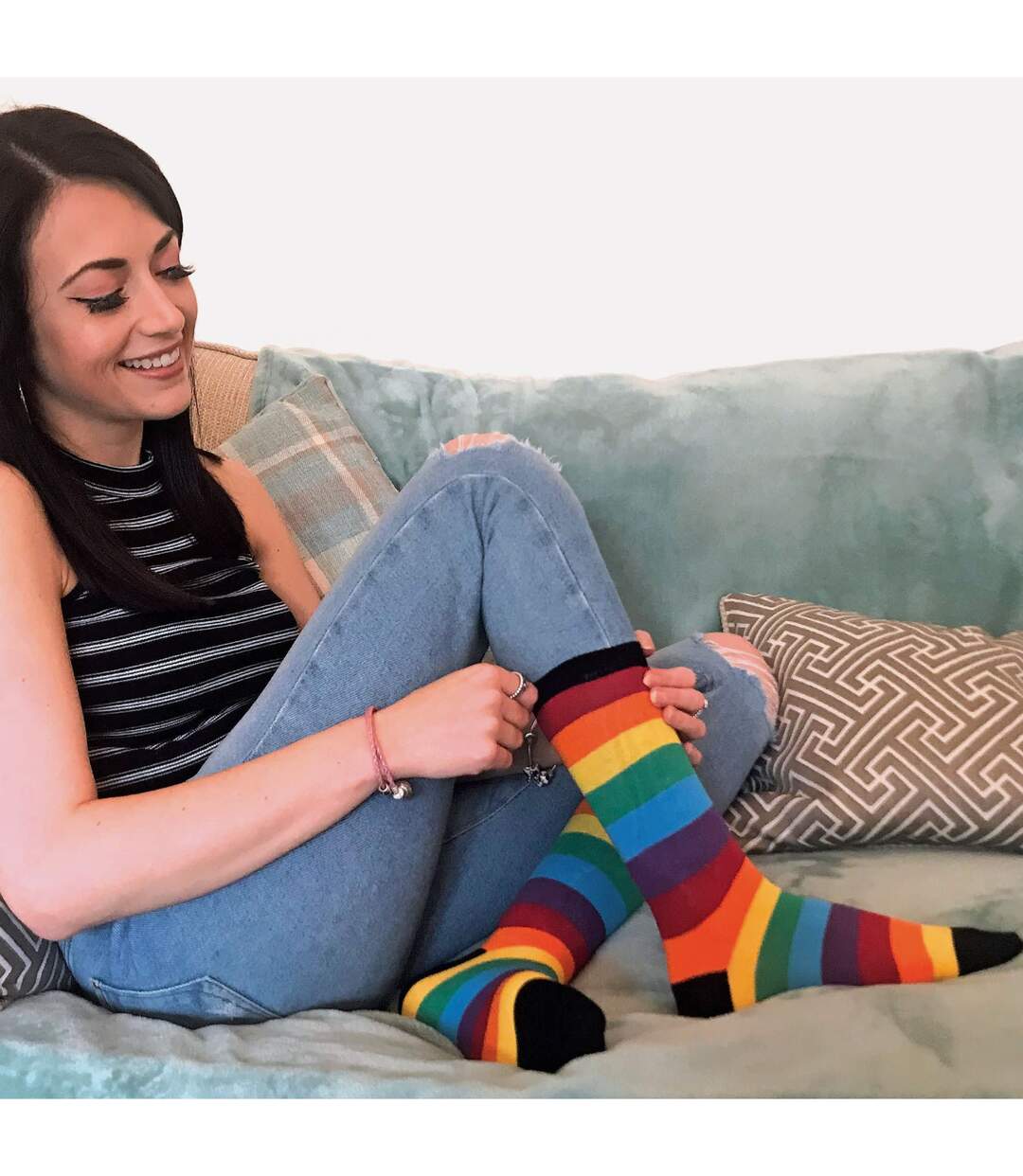3 Paires Chaussettes Coton avec Arc en Ciel Rayées-3