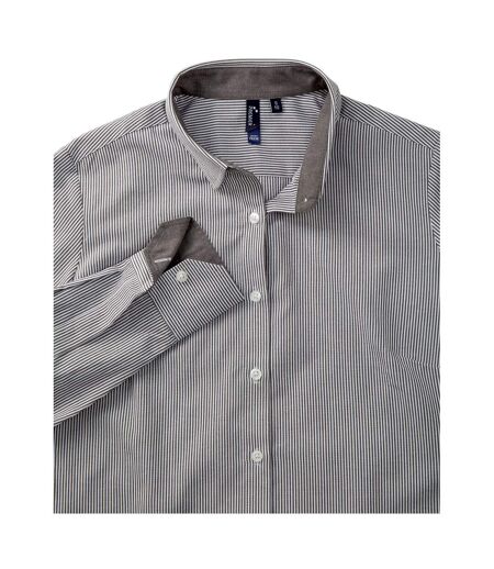 Premier Womens/Ladies Cotton Rich Oxford Stripe Blouse (White/Grey) - UTRW6593