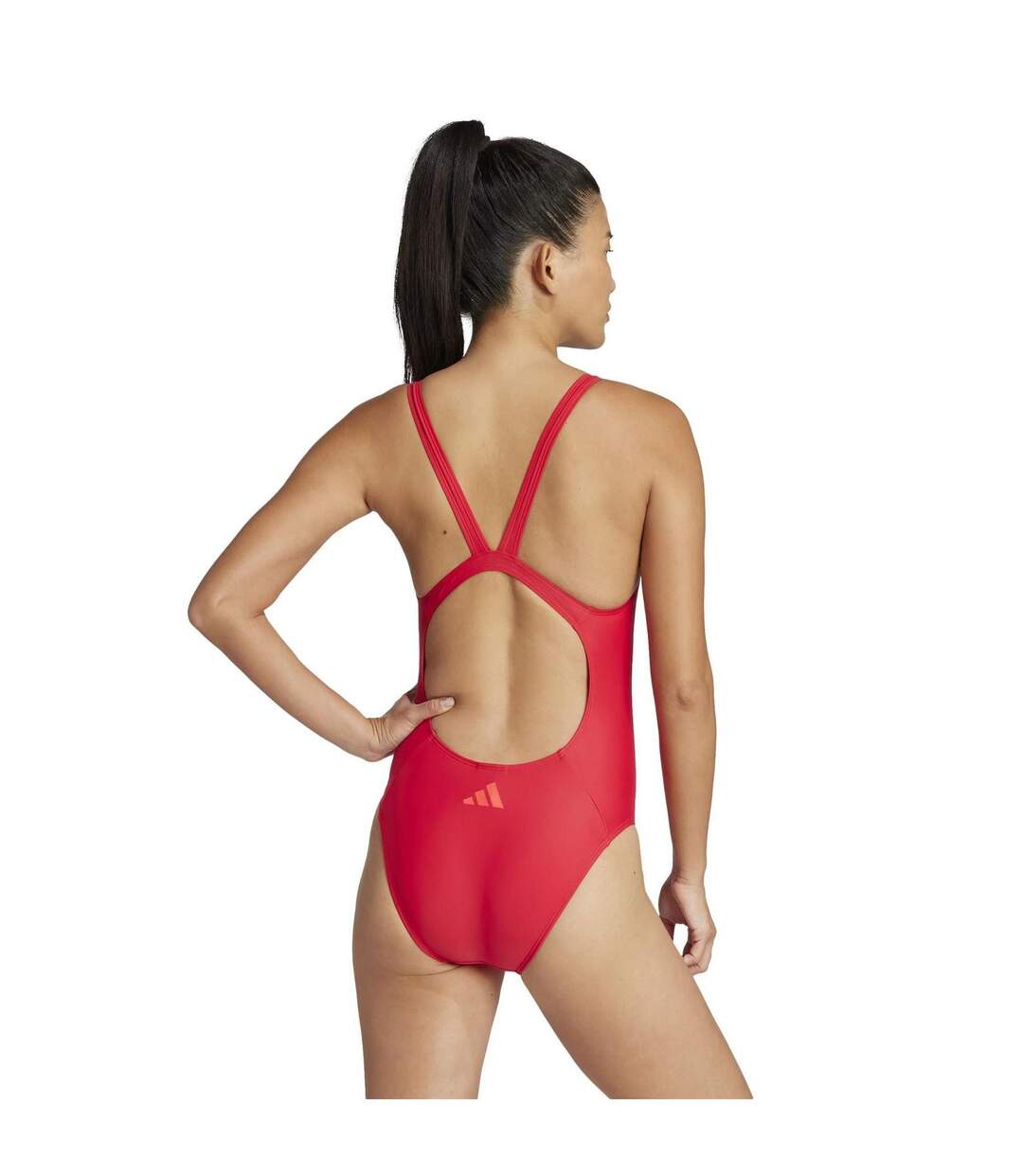 Womens/ladies Triple Stripe One Piece Swimsuit Ruby Red Adidas-3