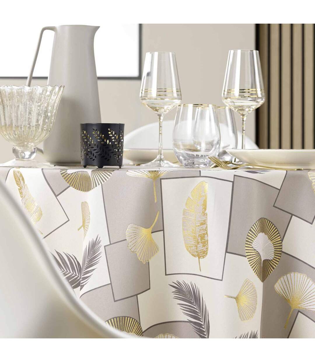 Nappe Ronde Antitache Imprimé Natane 180cm Naturel-2