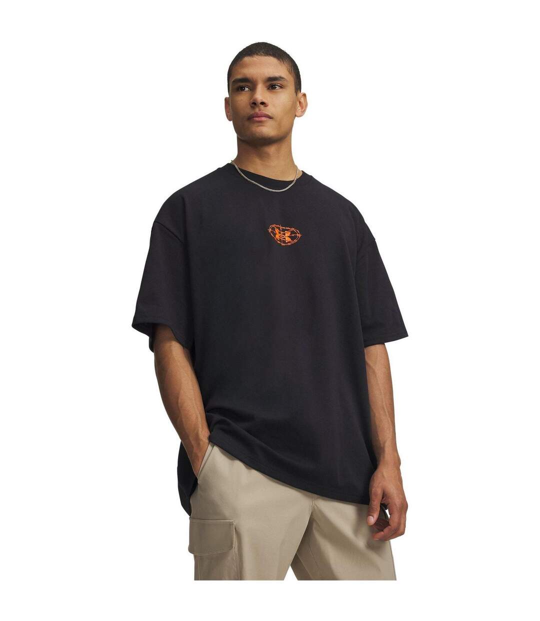 Mens Back Print Heavyweight T-shirt Black Orange Under Armour-1