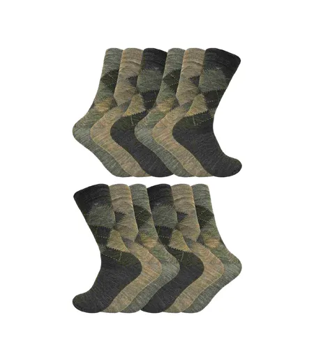 12 Pair Mens Soft Lambswool Honeycomb Top Argyle Patterned Socks
