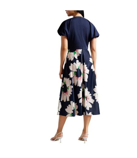 Womens/ladies Floral A-line Puff Sleeve Midi Dress Dark Blue Ted Baker